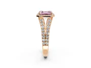 Halo Engagement Ring Setting for Fancy Pink Asscher Cut Center with Narrow Pave Split Shank and Prong Head in Rose Gold
