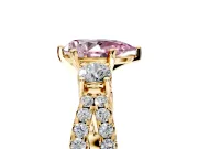 3 Stone Engagement Ring Setting for Fancy Pink Pear-Shaped Center with Pave Split Shank and Prong Head in Yellow Gold