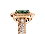 Milgrain Halo Engagement Ring Setting for Fancy Green Emerald Cut Center with Pave Band and Prong Head in Rose Gold