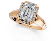 Halo Engagement Ring Setting for Emerald Cut Center with Knife Ridge Cathedral Band and Prong Head in Rose Gold
