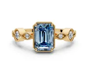 Vintage Station Engagement Ring Setting for Fancy Blue Emerald Cut Center with Accents and Prong Head in Yellow Gold