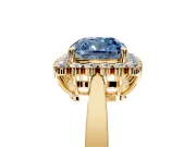 Starburst Halo Engagement Ring Setting for Fancy Blue Cushion Cut Center with Flat Cathedral Band and Prong Head in Yellow Gold