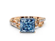 Leaf Motif Engagement Ring Setting for Fancy Blue Princess Cut Center with Pave Band and Prong Head in Rose Gold