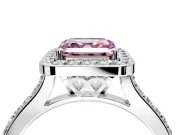 Halo Engagement Ring Setting for Fancy Pink Asscher Cut Center with Pave Accents, Heart Basket and Prong Head in Platinum