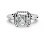 Halo Engagement Ring Setting for Asscher Cut Center with Tapered Plain Band and Prong Head in Platinum