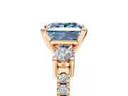 3 Stone Engagement Ring Setting for Fancy Blue Princess Cut Center with Round Cut Side Accents and Prong Head in Rose Gold