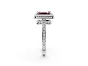 Halo Engagement Ring Setting for Fancy Pink Emerald Cut Center with Metal-Rimmed Halo, Pave Band and Prong Head in Sterling Silver