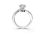 Solitaire Engagement Ring Setting for Cushion Cut Center with Pave Bypass Swirl Band and Prong Head in Platinum