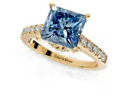 Solitaire Engagement Ring Setting for Fancy Blue Princess Cut Center with Crossover Accents and Prong Head in Yellow Gold