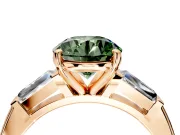 3 Stone Engagement Ring Setting for Fancy Green Round Cut Center with Tapered Baguettes, Plain Band and Prong Head in Rose Gold