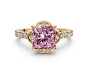 Floral Engagement Ring Setting for Fancy Pink Princess Cut Center with Pave Band and Floral Prong Head in Yellow Gold