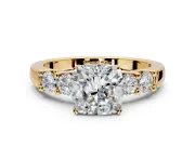 5 Stone Engagement Ring Setting for Cushion Cut Center with Plain Band and Prong Head in Yellow Gold
