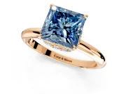 Hidden Halo Engagement Ring Setting for Fancy Blue Princess Cut Center with Plain Rounded Band and Prong Head in Rose Gold