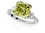 3 Stone Engagement Ring Setting for Fancy Yellow Asscher Cut Center with Round Cut Side Accents and Prong Head in Platinum
