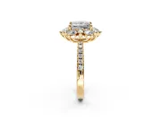 Floral Halo Engagement Ring Setting for Princess Cut Center with Pave Accents and Prong Head in Yellow Gold