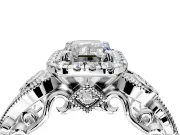 Milgrain Halo Engagement Ring Setting for Emerald Cut Center with Shoulder Bezels and Prong Head in Platinum