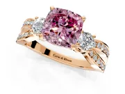 3 Stone Engagement Ring Setting for Fancy Pink Cushion Cut Center with Pave Twist Band and Prong Head in Rose Gold