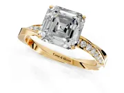 Side Accent Engagement Ring Setting for Asscher Cut Center with Accent Shoulders and Prong Head in Yellow Gold