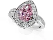 Bezel-Framed Halo Engagement Ring Setting for Fancy Pink Pear-Shaped Center with Pave Band and Prong Head in White Gold