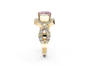 Halo Engagement Ring Setting for Fancy Pink Radiant Cut Center with Pave Infinity Twist Band and Prong Head in Yellow Gold