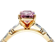 Baguette Engagement Ring Setting for Fancy Pink Emerald Cut Center with Alternating Bar-Set Band and Prong Head in Yellow Gold