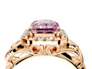 Halo Engagement Ring Setting for Fancy Pink Radiant Cut Center with Open Scroll Shoulders and Prong Head in Rose Gold