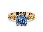 Solitaire Engagement Ring Setting for Fancy Blue Cushion Cut Center with XO Engraved Band and Prong Head in Yellow Gold