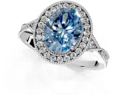 Halo Engagement Ring Setting for Fancy Blue Oval Center with Milgrain Rim, Pave Band and Prong Head in Platinum
