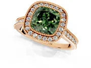 Halo Engagement Ring Setting for Fancy Green Cushion Cut Center with Milgrain Pave Band and Bezel Head in Rose Gold