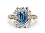 Halo Engagement Ring Setting for Fancy Blue Emerald Cut Center with Milgrain Channel Band and Prong Head in Rose Gold