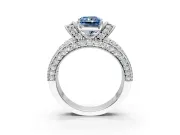 Pave Engagement Ring Setting for Fancy Blue Radiant Cut Center with Curved Accent Rows, Openwork and Prong Head in White Gold