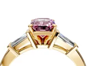 3 Stone Engagement Ring Setting for Fancy Pink Emerald Cut Center with Channel Baguette Accents and Prong Head in Yellow Gold