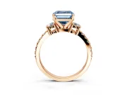 3 Stone Engagement Ring Setting for Fancy Blue Asscher Cut Center with Round Cut Side Accents and Prong Head in Rose Gold