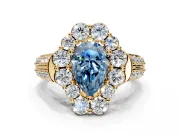 Large Accent Halo Engagement Ring Setting for Fancy Blue Pear-Shaped Center with Pave Split Shank and Prong Head in Yellow Gold