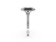 Halo Engagement Ring Setting for Fancy Pink Emerald Cut Center with Milgrain Frame, Pave Band and Prong Head in Platinum