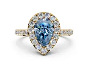 Halo Engagement Ring Setting for Fancy Blue Pear-Shaped Center with Heart-Shaped Openwork, Pave Band and Prong Head in Yellow Gold