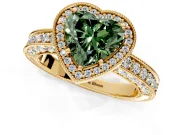Milgrain Halo Engagement Ring Setting for Fancy Green Heart-Shaped Center with Wide Pave Band and Prong Head in Yellow Gold