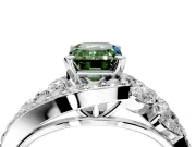 Halo Engagement Ring Setting for Fancy Green Emerald Cut Center with Marquise and Pave Bypass Band and Prong Head in Platinum