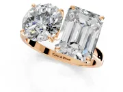 Round Cut and Emerald Cut Lab-Grown Diamond Toi et Moi Engagement Ring with Prong-Set Stones in Rose Gold