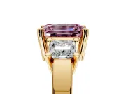 3 Stone Engagement Ring Setting for Fancy Pink Emerald Cut Center with Matching Side Accents and Prong Head in Yellow Gold