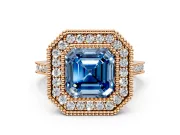 Halo Engagement Ring Setting for Fancy Blue Asscher Cut Center with Milgrain Frame, Pave Band and Prong Head in Rose Gold