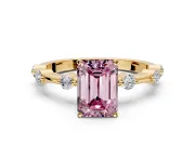Solitaire Engagement Ring Setting for Fancy Pink Emerald Cut Center with Bezel Station Band and Prong Head in Yellow Gold