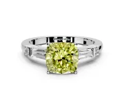 Bar-Set Engagement Ring Setting for Fancy Yellow Cushion Cut Center with Tapered Baguette Accents and Prong Head in White Gold