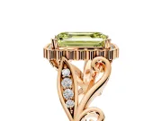 Halo Engagement Ring Setting for Fancy Yellow Emerald Cut Center with Leaf Motif Split Shank and Prong Head in Rose Gold