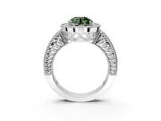 Milgrain Halo Engagement Ring Setting for Fancy Green Round Cut Center with Pave Band and Prong Head in White Gold
