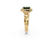 Halo Engagement Ring Setting for Fancy Green Emerald Cut Center with Open Scroll Shoulders and Prong Head in Yellow Gold