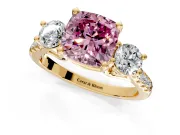 3 Stone Engagement Ring Setting for Fancy Pink Cushion Cut Center with Crossover Basket, Pave Band and Prong Head in Yellow Gold