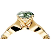 Solitaire Engagement Ring Setting for Fancy Green Oval Center with Carved Leaf Shoulders and Prong Head in Yellow Gold