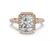 Halo Engagement Ring Setting for Radiant Cut Center with Pave Accents, Heart Basket and Prong Head in Rose Gold