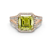 Halo Engagement Ring Setting for Fancy Yellow Asscher Cut Center with Narrow Pave Split Shank and Prong Head in Rose Gold